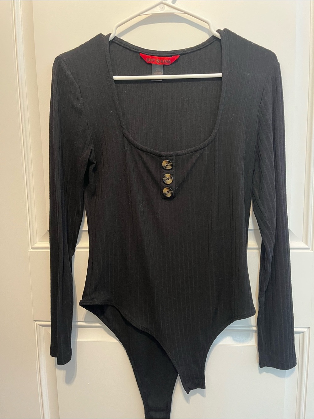 Hot Kiss Black Long-Sleeve Ribbed Bodysuit with Button Placket